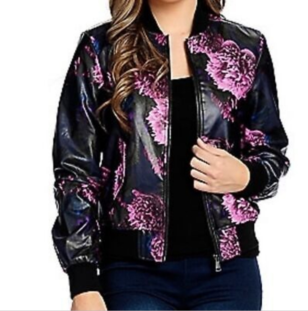 Kate & Mallory Full Zip Floral Faux Leather Moto Jacket - Size S